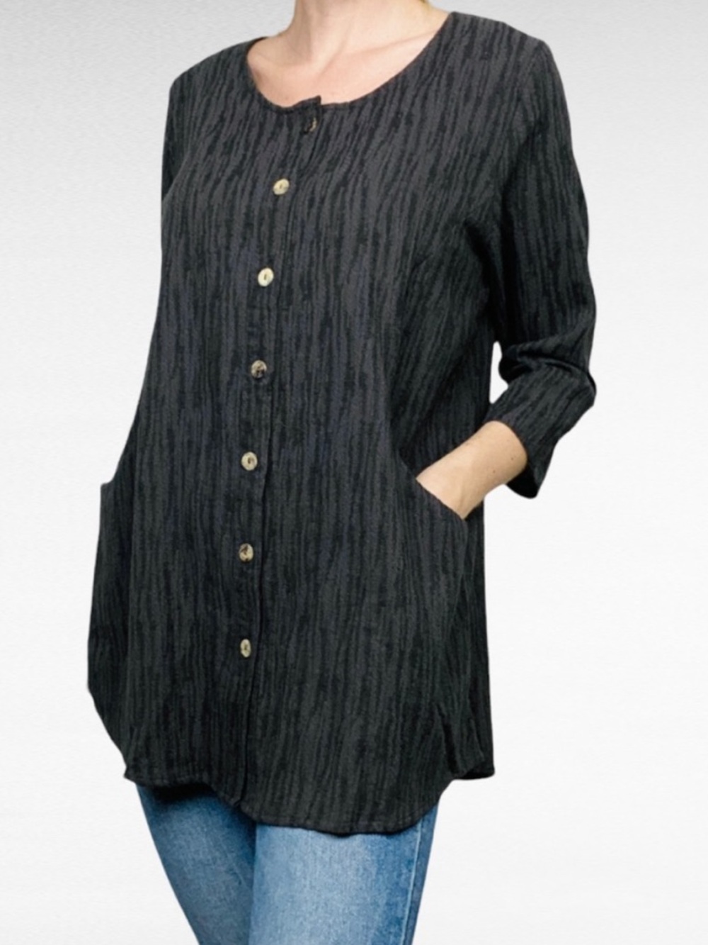 Soft Surroundings Ellis Textured Button Shirt Tunic Grey Lagenlook Cotton Rayon